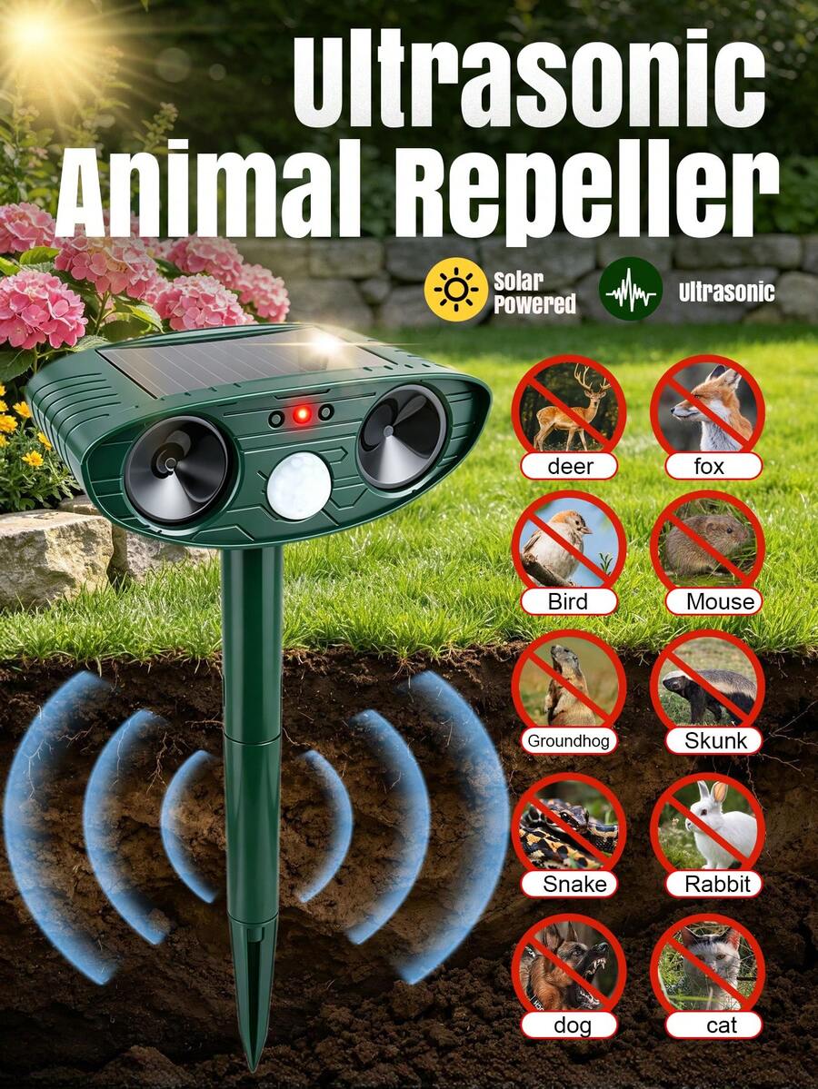 SEAGO Solar Powered Ultrasonic Animal Repellent With Motion Sensor And Strobe Light, Weatherproof Outdoor For Farm Garden Lawn, Suitable For Cats Dogs Coyotes Birds Skunks Snakes Raccoons Rabbits Squirrels