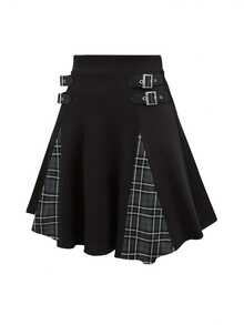 Talla Grande - Talla Grande - Falda Mini A-Line de Talle Alto con Botones y Diseño de Cuadros Gótico - Cuadros Negros + Grises - Ver 3