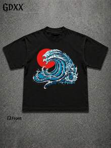 Plus-Size Great Wave Hokkaido Surf Design Graphic T-Shirt, 100% Cotton Soft, Casual Streetwear Tee,Harajuku Ukiyo-E Tee,Gift For Men - 黑色 - 查看 2