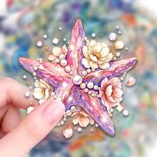 50 pièces Autocollants de vie marine et florale à l'aquarelle, motifs de méduses et de poissons, autocollants transparents en PET amovibles sans résidus, convenant pour coque de téléphone, tablette, réfrigérateur, skateboard et trottinette électrique, cadeau de rentrée scolaire - Multicolore - Voir 9