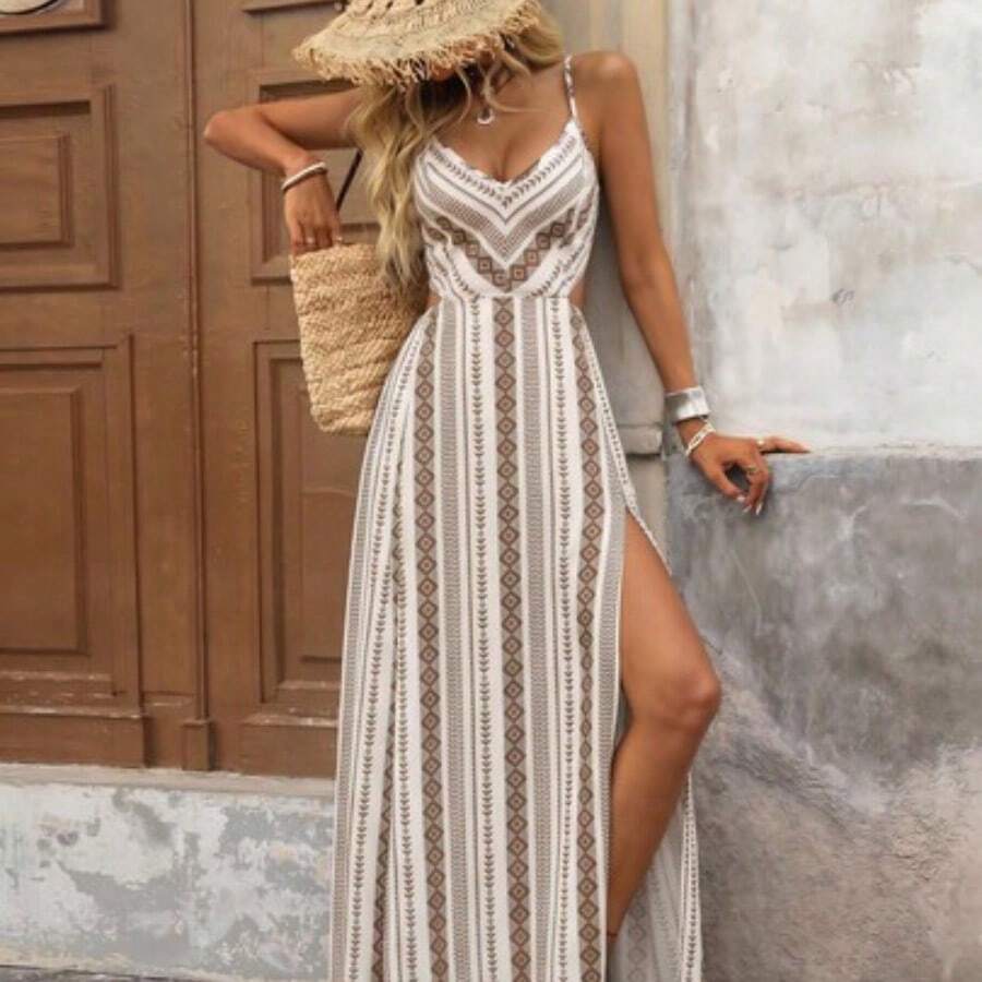 xuehuamaoyi02 Vestido de verano casual y romántico para vacaciones, con tirantes finos y rayas, en color marrón - Marrón - Ver 1