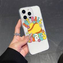 Funda para teléfono: Una funda transparente, a prueba de caídas, con impresión UV de alta definición que presenta "SOFTBALL VIBES" en texto colorido y un diseño de pelota de softbol amarilla, realzada con flores multicoloridas. Compatible con iPhone 17/16e/16/15/14/13/12/11 Pro/Pro - transparente - Ver 2