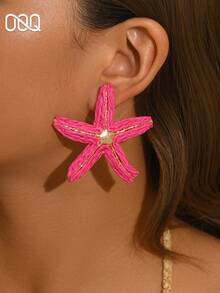 OOQ 1 Pair Summer Vacation Style Exaggerated 3D Starfish Earrings, Straw Woven Unique Design Elegant Fashion Versatile Women's Earrings, Suitable For Beach Party Holiday Travel (Handmade Raffia Straw Weaving, Random Direction And Shape) - Hot Pink - View 3