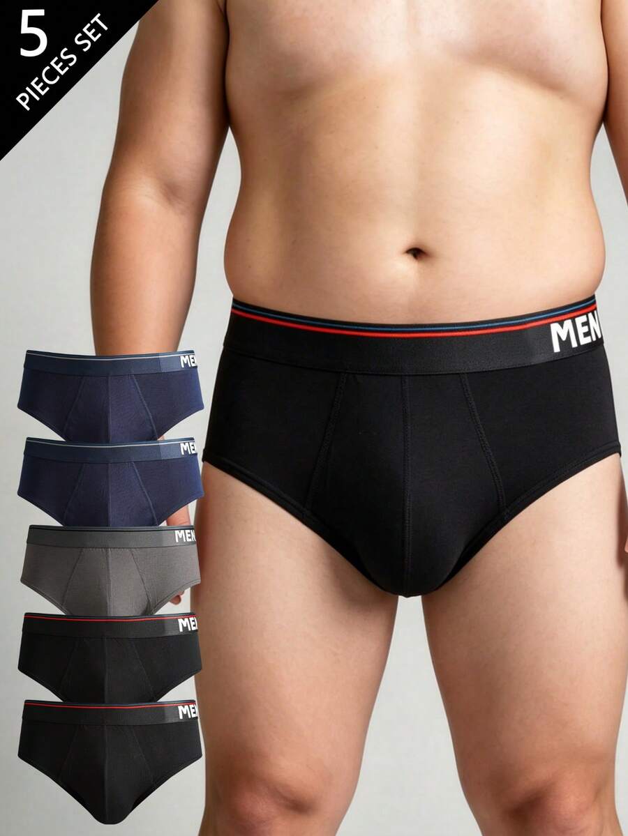 Norcotton Men's Pure Cotton Briefs 5-Pack Letter Print Waistband Plus Size Loose Fit Underwear - Multicolor - View 1