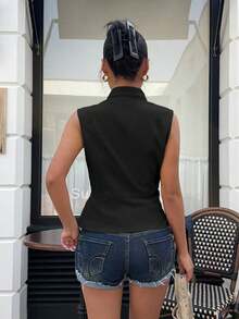 Women's Fitted Vest With Front Zip In Light Khaki - Black - View 1