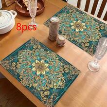 1/2/4/6/8入 藍綠金曼陀羅印花餐墊，18"*12"(45*30cm)，2款華麗花卉與大理石花卉設計，100%聚酯纖維防水防污耐熱可機洗餐桌墊，適用於居家、餐廳、B&B - 彩色 - 查看 19