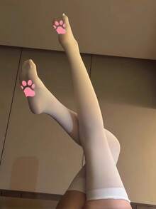 1双黑白可爱卡通猫爪印过膝袜 - 彩色 - 查看 8