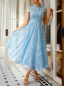 Women's Wedding Guest Dress, New And Elegant Fan-Shaped Lace Flared Dress, Retro Sleeveless Lace Dress, Suitable For Wedding Bridesmaid Dress, Evening Party, Casual Romantic Dates - 鵝黃色 - 查看 4