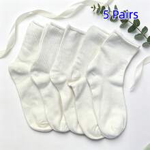 1/4/5/10 Đôi tất nữ dễ thương họa tiết chấm bi bèo nhún thoải mái thường ngày cao đến bắp chân, màu trắng, thoáng khí và mềm mại, phù hợp cho trường học và mặc hàng ngày, màu ngẫu nhiên, phù hợp cho mùa xuân, mùa hè, mùa thu, mùa đông - Nhiều màu - Xem 16