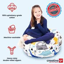 Creative QT Stuff 'n Sit - Funda de almacenamiento grande de 33 pulgadas para animales de peluche y juguetes silla gigante para niños de 3 a 14 años organizador de recámara para Pascua - Pana Gris Claro - Ver 5