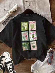 Minimalist. 100% Cotton. 1 Piece [Double-Sided Print]. Women's Pure Cotton T-Shirt, Vintage Style With Matcha Latte Utensil Print, Casual Summer Short-Sleeved Crew Neck Top. Spring/Summer Top. - 黑色 - 查看 2