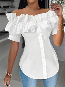 Plus Size - Plus Size - Women's Plus Size T-Shirt, Solid Color, Ruffles And Off Shoulder, Short Sleeve - 白色的 - 查看 1