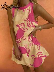 Women's Elegant Sexy Sleeveless Yellow Random Crab Print Dress, Suitable For Spring And Autumn Party Pink Summer - Pink - View 4