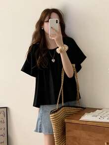 Women's Solid Color Casual Summer Short Sleeve Cover Up Black - Black - View 4