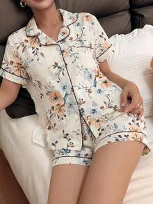 Dreamivo 2 Peças Conjunto de Pijama Confortável com Estampa Floral, Top com Lapela de Manga Curta com Bolso e Shorts com Laço, Roupa de Dormir e Loungewear Feminina Adequada para Todas as Estações - Damasco - Visão 4
