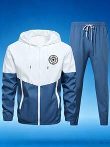 Men's Spring/Autumn Colorblock 2-Piece Sports Set | Hooded Zip-Up Jacket + Drawstring Cuffed Pants, Compass Print Casual Outdoor Outfit - Blue - View 6
