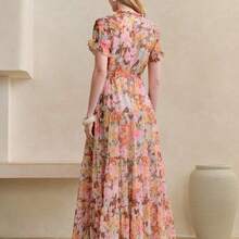 yonghongmaoyi1  Vestido corto con estampado floral, manga corta con volantes y bajo con volantes de gasa para mujeres - Beis - Ver 4