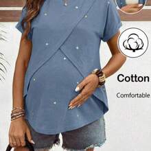 Camiseta de enfermería casual de verano para maternidad con bordado de corazón - Azul - Ver 1