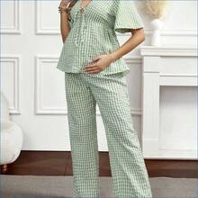 HENG
  Set de 2 piezas: Blusa a cuadros con cordones y pantalones de pierna ancha - Verde - Ver 4