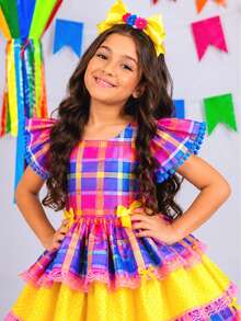 Children's Checkered Dress For June Festival, Colorful Pink And Yellow, Ruffles And Ribbons, Country Style, Luxury - Nhiều màu - Xem 7