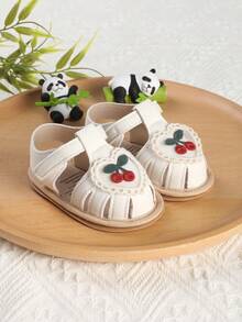 1 Pair Girls Heart Embroidery Cherry Hook And Loop Design Baby Toddler Sandals, Spring Autumn Summer - White - View 3