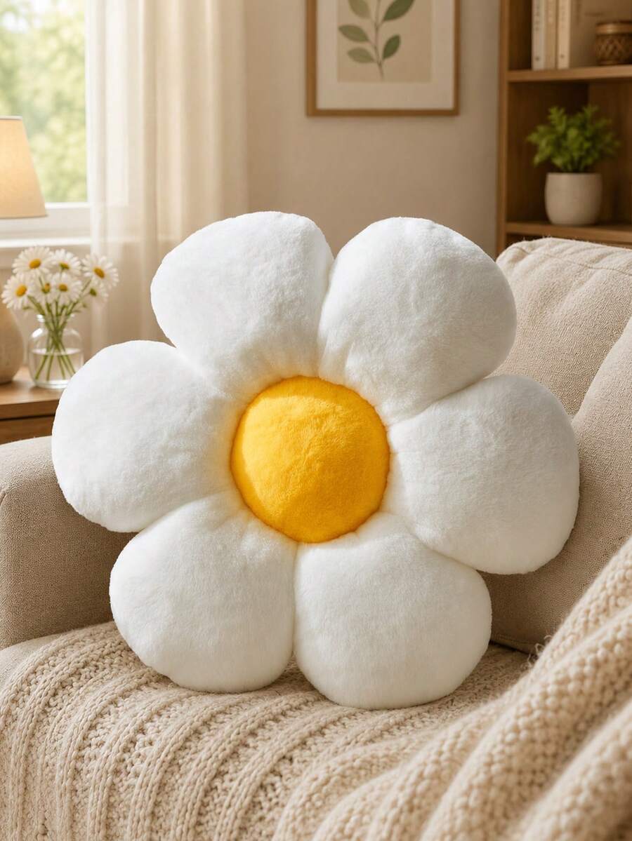 Flower Throw Pillow, Flower Shaped Decorative Pillow Daisy Throw Pillow Cushion Cute Flower Cushion For Sofa Bed Home Decor Pillow - White With Yellow Core - View 1