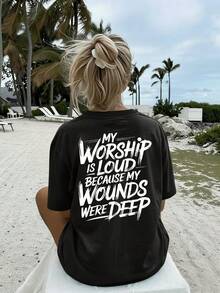 Minimalist. 100% Cotton. 1 Piece [Double-Sided Image]. Women's Crew Neck T-Shirt With Double-Sided Print, "My Faith Is So Strong, Because My Scars Are Deep." Cross Pattern T-Shirt, Casual Christian Faith-Themed Top, Soft And Lightweight Women's T-Shirt, Religious Gift, Breathable And Stylish. Spring/Summer Top. - 黑色 - 查看 3