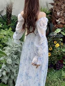 Elegant Women's Summer Dress With French-Style Floral Print, Spring/Summer Holiday Wear For Ladies, High-End Elegant Dress With Temperament, Designer Clothing, High-Quality Fairy Midi Dress That Stylizes The Waist - 鵝黃色 - 查看 5