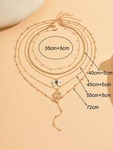 5pcs/Set Elegant Design Faux Pearl Gold Handmade Chain Sweet Bow Flower Pendant Decorative Necklace, Layered Or Single Wear, Charming Women's Neck Jewelry, Chain Cut By Length, Number Of Sections Not Fixed - Multicolor - View 4