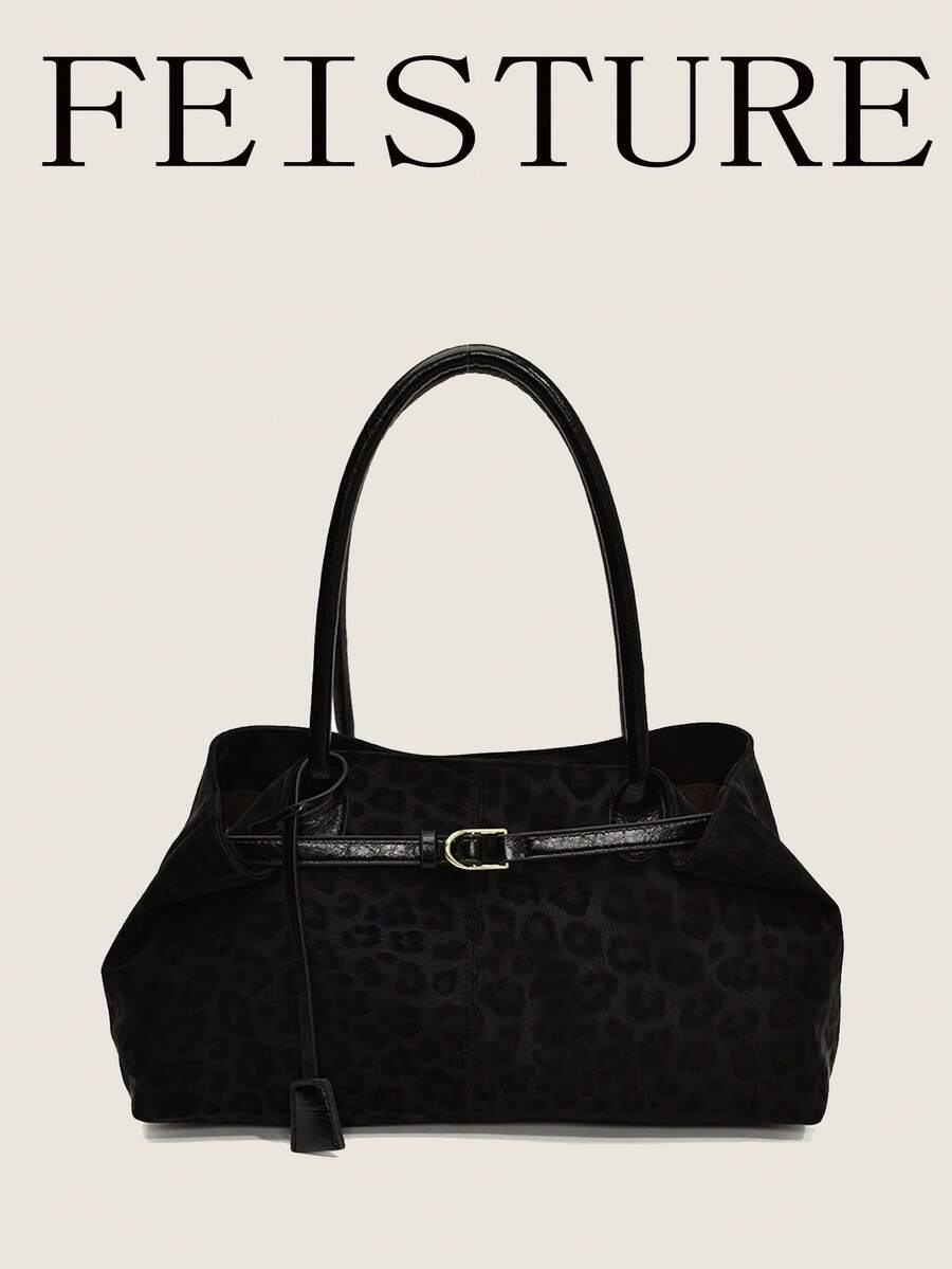 1pc Leopard Print Large Capacity Tote Bag, Fashion Strap Decor Shoulder Bag, Magnetic Closure, Suitable For Daily Outing, Dating, Commuting