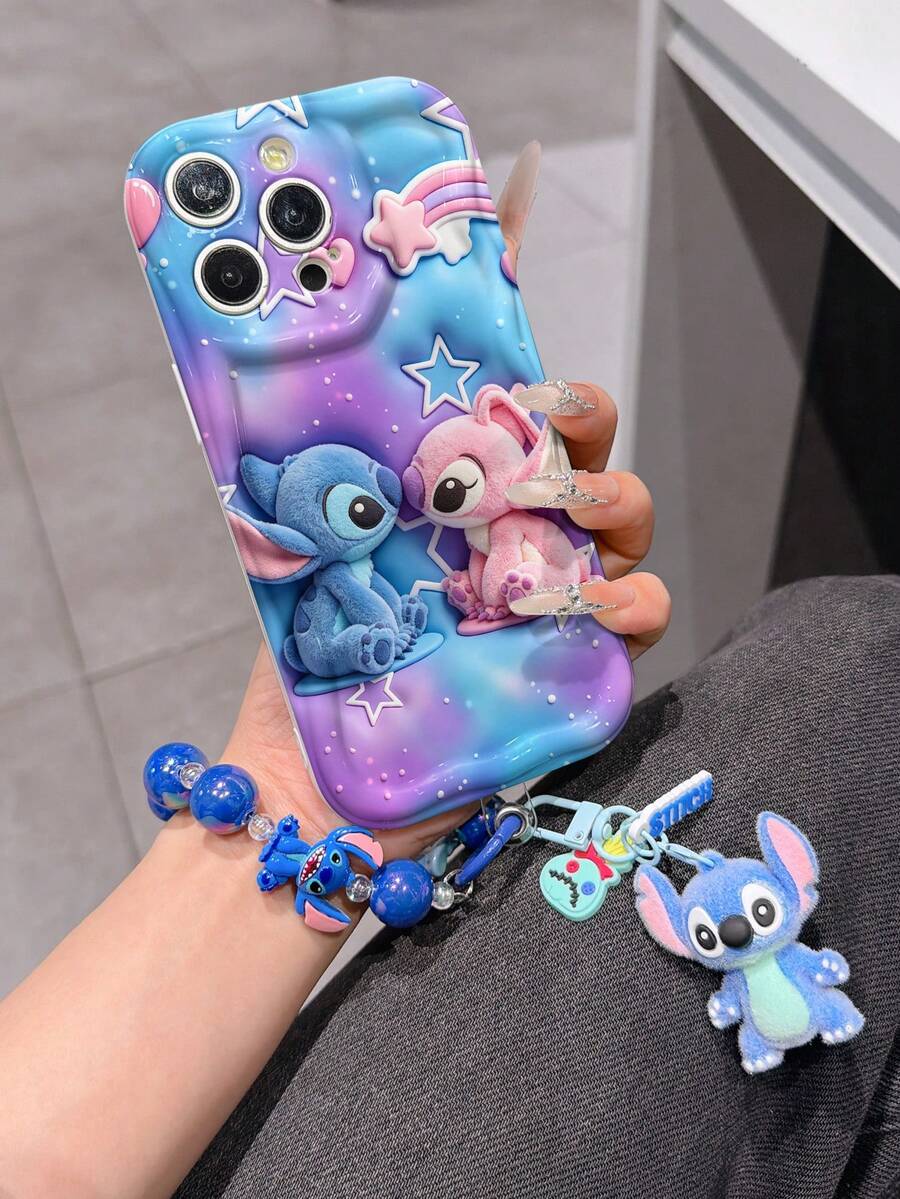 Disney Has Authorized, Phone Case - Chain Set, The Stitch Lilo & Stitch 3D Phone Case Plus A Silicone 3D Stitch Bracelet With Metallic Ring Removable Bracelet, Stitch And Angel Pattern, Compatible With Iphone17/16/15/14/13/12/11/XS/XR/X Plus Pro Max, A Stylish Cartoon Phone Case, The Perfect Gift Choice, Phone Protection, Durable Phone Cover, Great Gift For Friends And Family. - trắng - Xem 1