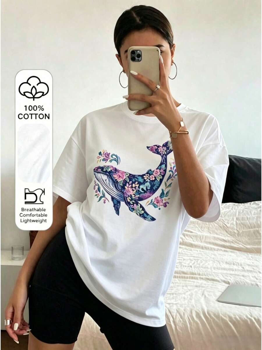 A Stylish And Elegant White T-Shirt Featuring A Versatile Blue Whale Print – Perfect For Everyday Wear, School Life, Beach Vacations, And Relaxing At Home. - 魏斯 - 查看 1