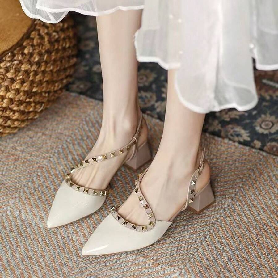 2026 Summer New Style Pointed Toe Studded Mid-Heel Nude High Heels French Niche Chunky Heel Closed-Toe Backless Sandals For Women - Apricot - View 1
