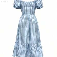 xuehuamaoyi02 Vestido casual elegante bohemio de mujer a cuadros para primavera/verano 2026 con cintura ceñida, mangas abullonadas, volantes en el bajo, verde lavado, adecuado para conciertos, calle, oficina, fiesta, cumpleaños - Rojo - Ver 7