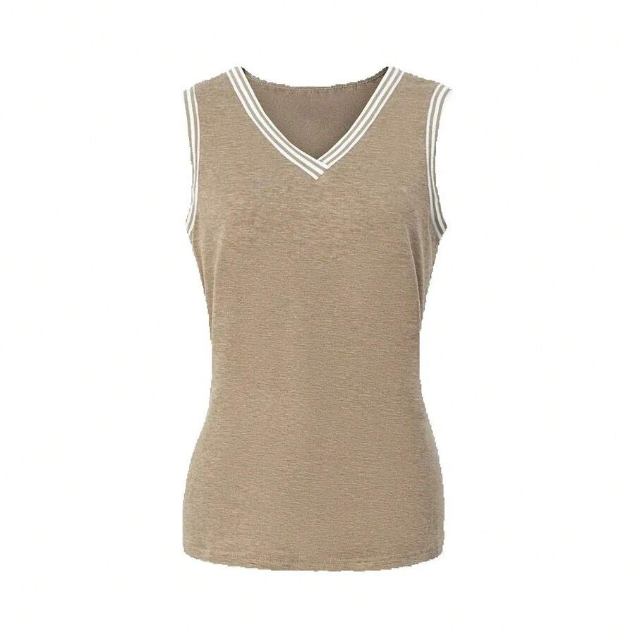 Camiseta sin mangas para mujer, cuello en V, con ribete a rayas, tejido de punto, ajuste holgado, estilo casual, elegante, transpirable, para primavera y verano, uso diario - Caqui - Ver 1