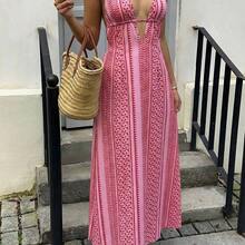 ghadjgyjad  Vestido largo con cuello en V profundo, espalda descubierta y cintura con lazo en estilo línea A, elegante para mujeres en primavera/verano, boda, fiesta, minimalista, casual, uso diario - Azul - Ver 5