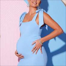 WNST
 Loomaby Vestido de maternidad elegante de unicolor con cuello cuadrado y hombros con lazo, para verano - Azul - Ver 11