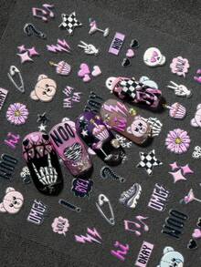 1pc Sweet Punk Style 6D 3D Embossed Nail Stickers, Pink & Black Color Scheme With Skull, Bear, Lightning, Skeleton Hand & Fun Text, Subculture Vibe, Suitable For Streetwear, Y2K Look, Sweet Punk Nails, Party Occasions, Ideal For Subculture Enthusiasts, Students, Nail DIY Beginners, Personalized Girls - Multicolor - View 2