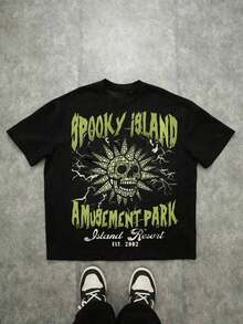 LXF2026 Spooky Island Amusement Park Skull Print T-Shirt, Comfortable And Casual Short Sleeve, 220gsm Heavy Cotton T-Shirt, Oversized, HalloweenXIAM - 黑色 - 查看 1