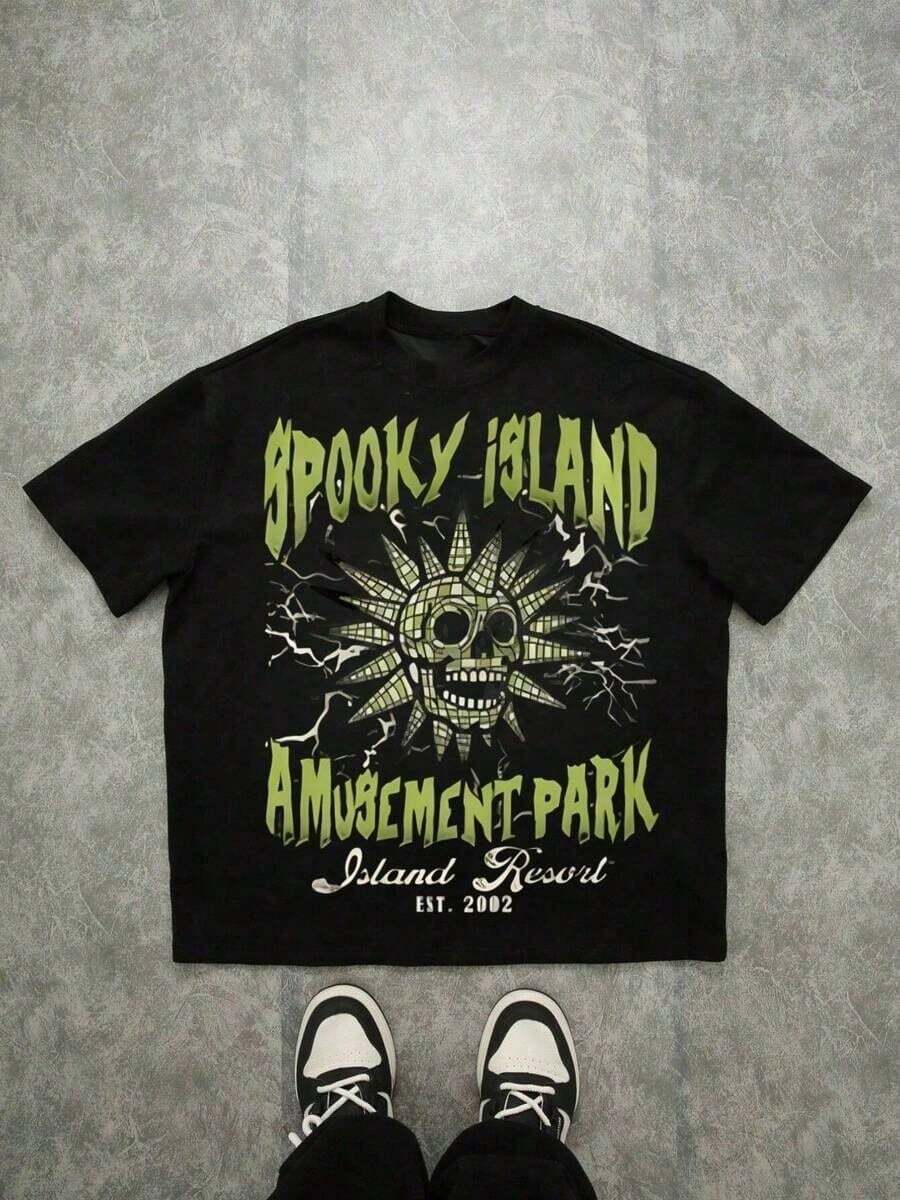 LXF2026 Spooky Island Amusement Park Skull Print T-Shirt, Comfortable And Casual Short Sleeve, 220gsm Heavy Cotton T-Shirt, Oversized, HalloweenXIAM - 黑色 - 查看 1