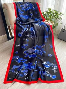 1件女款仿絲印花春/秋季時尚百搭披肩旅行圍巾日常裝飾 - 黑色 - 查看 3