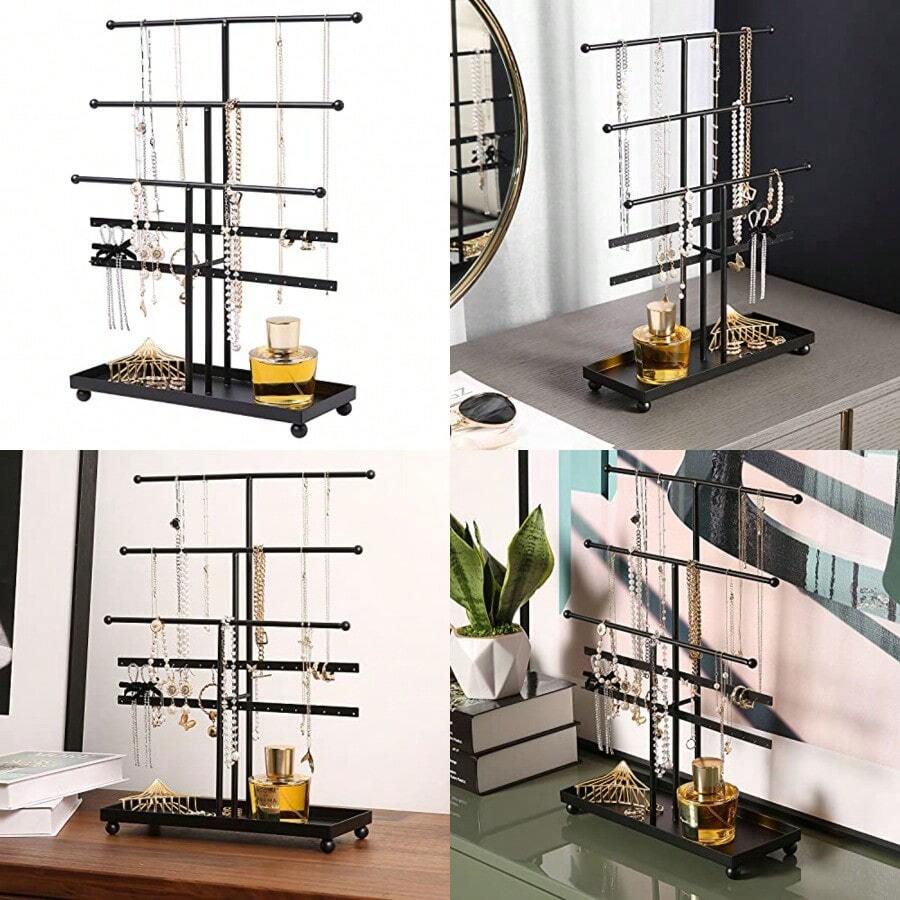 MyGift Joyero de 5 barras horizontales para guardar collares aretes anillos pulseras. Hecho en metal negro incluye base estilo bandeja para anillos - Negro - Ver 1