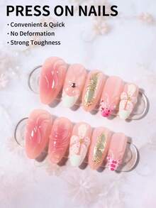 24 buah Stiker Kuku Gel 3D Berbentuk Almond Panjang, Ujung Kuku Manikur Prancis Motif Bunga, Termasuk 1 Perekat Dua Sisi dan 1 Kikir Kuku, Kuku Musim Panas dan Kuku Gel - View 2