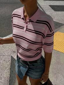 Dila Polly 女士条纹 Polo 领短袖宽松休闲针织上衣，棕色条纹撞色粉色纽扣半开襟短袖针织衫 - 粉色 - 查看 5