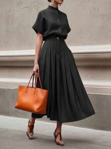 Solid Color Button Decor Stand Collar Short Sleeve 2-Piece Set Shirt + Pleated Mid-Length Skirt, Suitable For Office Commute, Business, Spring Vacation - Black - View 4