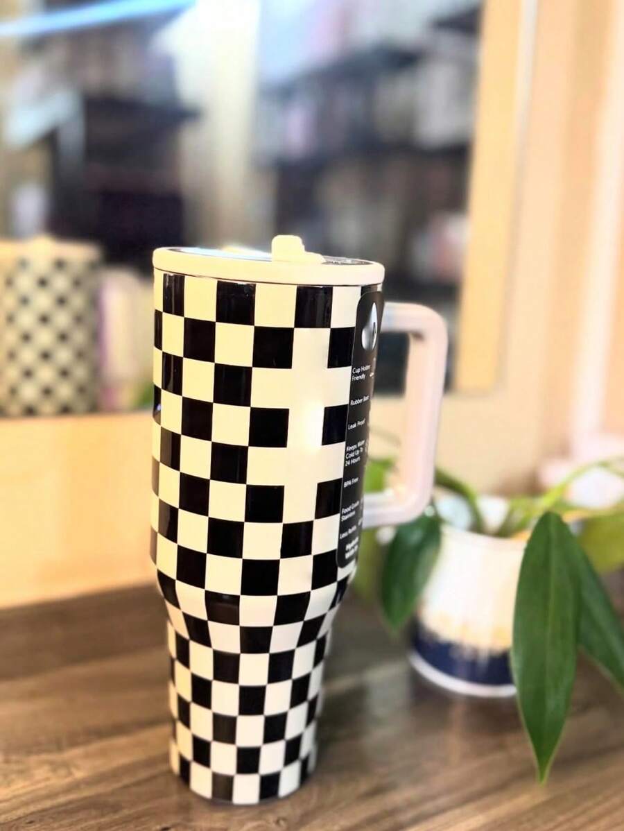 HYDRO-JUG 40OZ Large Capacity Tumbler, Works As Insulated Cup, Mug, Water Cup And Water Bottle. Leak-Proof And Well Insulated. Ideal For School, Commute, Hiking, Travel And Home Use, A Practical Gift For All Festivals. - Lưới đen trắng - Xem 1
