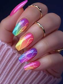 24 pezzi Unghie finte a righe di lunghezza media multicolore alla moda, punte per manicure estive eleganti e minimaliste con colore solido e sfumato, facili da applicare e rimuovere, unghie press-on riutilizzabili per viaggi, feste, eventi e vacanze - Multicolore - Visualizzare 2