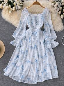 Vestido de verano elegante para mujer con estampado floral de estilo francés, ropa de vacaciones de primavera/verano para dama, vestido elegante de alta gama con temperamento, ropa de diseñador, vestido midi de hada de alta calidad que estiliza la cintura - amarillo ganso - Ver 3