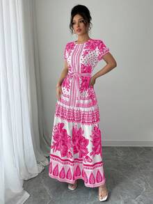 Vestido de Moda Oriental con Estampado Floral y Cinturón Ajustable para Mujer, Escote Redondo - Blanco marfil - Ver 6
