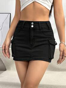 Women's Denim Mini Skirt - Black - View 3